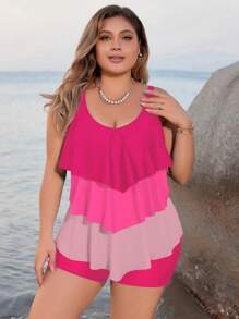 SHEIN Swim Curve Bãi biển mùa hè Plus Size Colorblock Xù Cami Top và Bộ Tankini cạp cao kèm quần short để bơi lội - Hồng - Xem 1