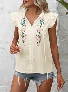 SHEIN LUNE Blusa De Cuello Con Lazo Y Volantes En Agujero Para Brazo, Bordado Con Flores