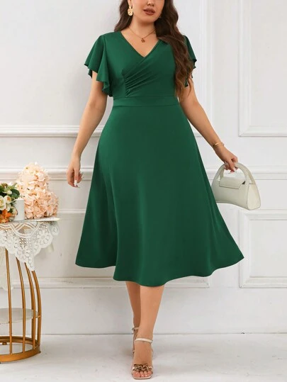 SHEIN Clasi Plus Size Saint Patrick Day Wrap Neck Ruffle Sleeve Green Formal Wedding Dress
