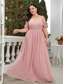 Plus Size Women Off Shoulder Gathered Waist Chiffon Bridesmaid Dress - Dusty Pink - View 1