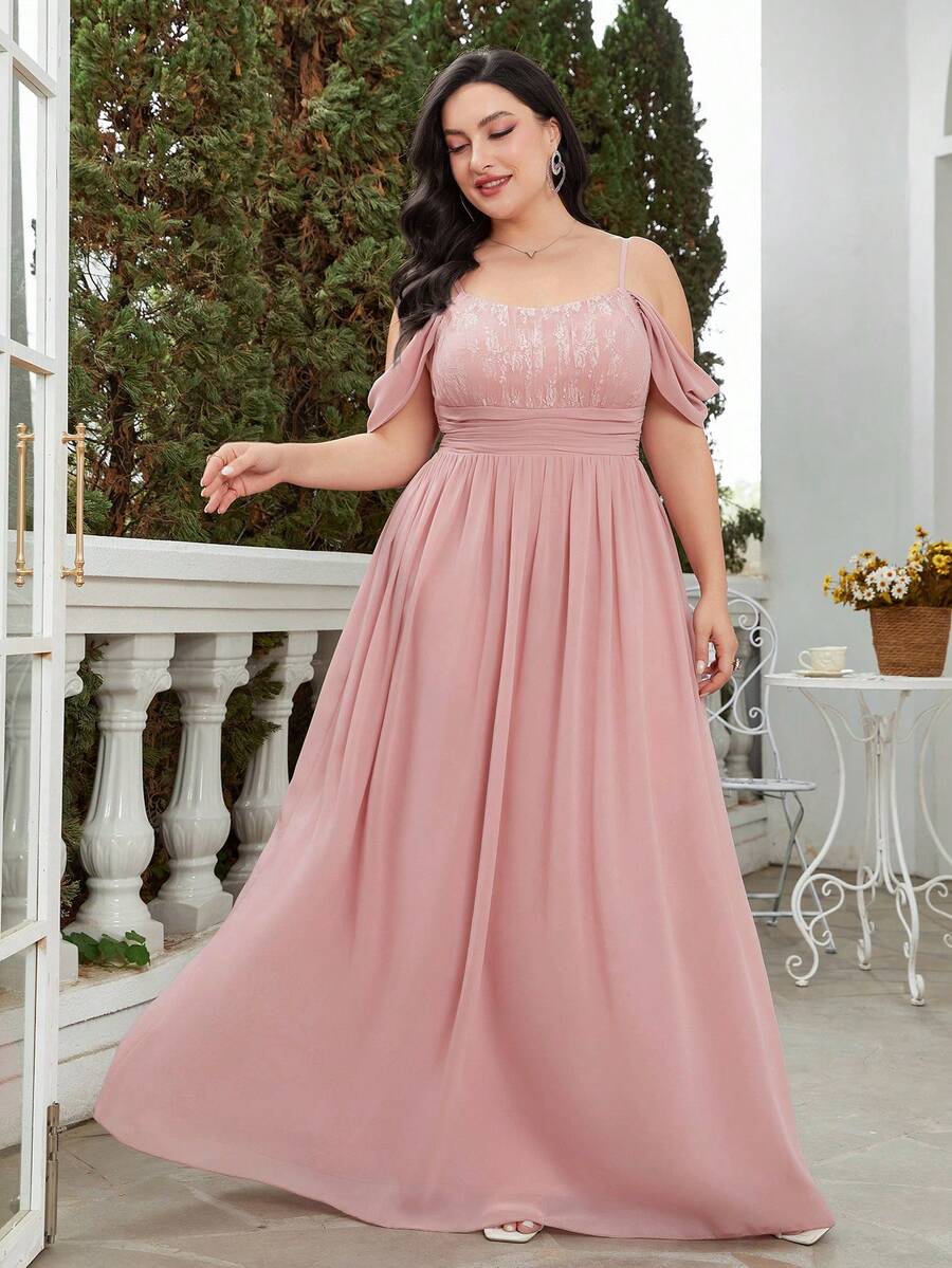 Plus Size Women Off Shoulder Gathered Waist Chiffon Bridesmaid Dress - Dusty Pink - View 1