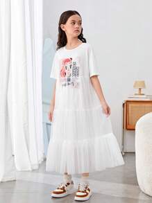 Vestido de malha contrastante com estampa de desenho animado para meninas pré-adolescentes, bainha, manga curta, decote redondo - Branco - Ver 3
