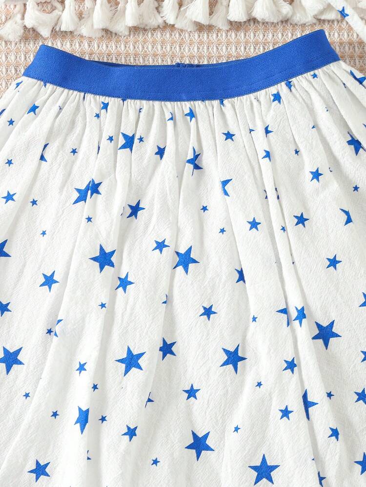 Young Girls' Summer Full Print Star Pattern Round Neck Cropped Top With Tassel & Skirt & Bag 3pcs/Set
