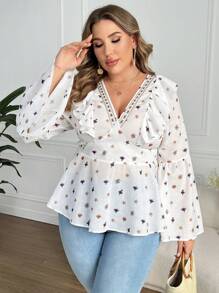 SHEIN Clasi 加大碼女士花朵印花荷葉邊鈴襪衫 - 白色 - 查看 5