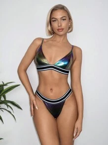 SHEIN Swim Ladies' Spaghetti Strap Triangle Bikini Set, Vacation Bikini Set Summer Beach - Multicolor - View 1