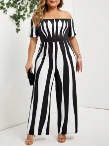 SHEIN Lady Off-Shoulder Plus Size Women's Jumpsuit With Geometric Print - Black and White - View 3