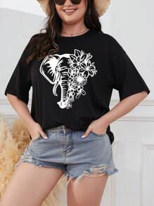 SHEIN LUNE Kích thước lớn Con voi & Hoa In Ngắn tay Áo thun - màu đen - Xem 7