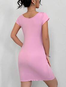 SHEIN Qutie Đầm bodycon trơn màu có trang trí nơ cho nữ - Hồng - Xem 2