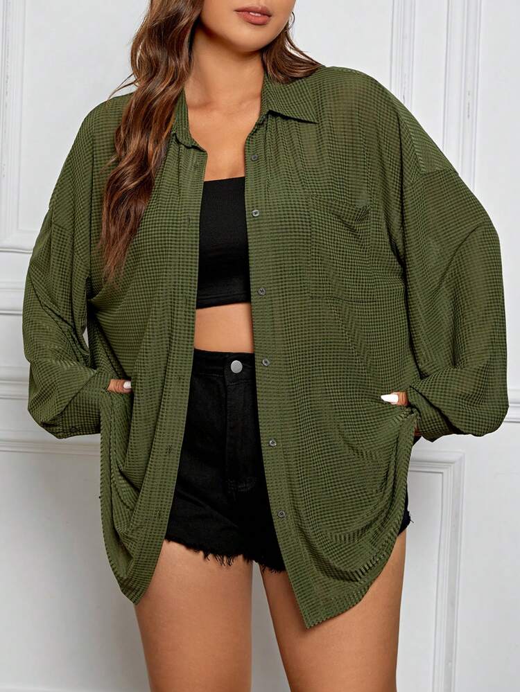 Plus Size Solid Color Loose Fit Drop Shoulder Casual Shirt