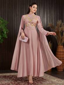 Modelyn Women's Embroidered Patchwork Cape Sleeve Dress - Pink - View 2