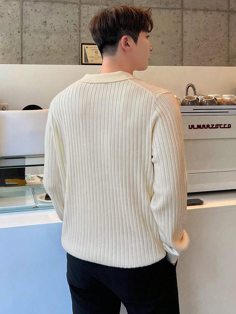 Men's Solid Color Turndown Collar Long Sleeve Casual Sweater, Autumn/Winter