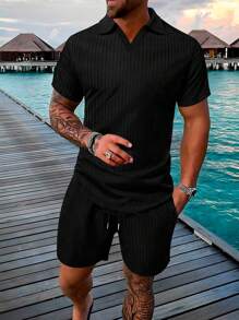 Manfinity Homme Men's 2pcs/Set Vacation Casual Plain Ribbed Short Sleeve Polo Shirt & Shorts, Boyfriend Gift - Black - View 1