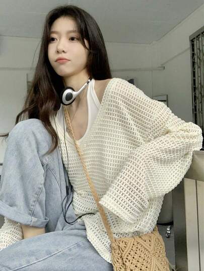 夏季純色中空寬鬆女士t恤