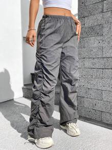 SHEIN Unity 女裝側褶高腰束腰長褲 - 灰色 - 查看 6