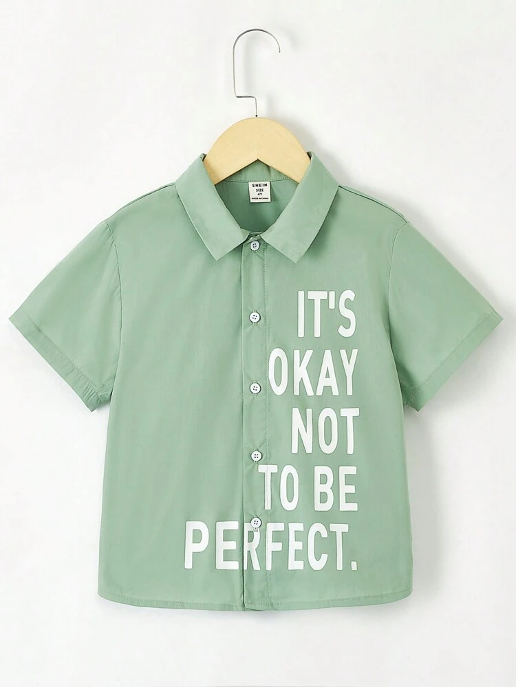 1pc Young Boys' Casual Cute Green Shirt With English Print And Oversized Fit Drop Shoulder For Daily, School, Travel, Sports In Spring And Summer
