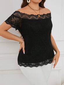 SHEIN Clasi 大尺碼女性花邊露肩上衣 - 黑色 - 查看 4