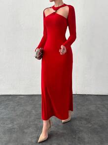 RueChic Metallic Embellished Cross Front Knit Dress With Slit, Perfect For Party And Wedding Occasions - Red - View 3