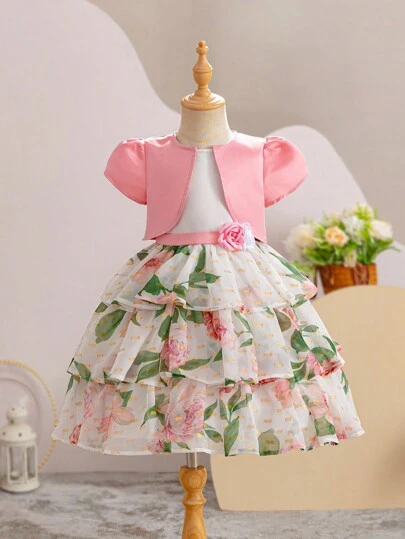 SHEIN 少女泡泡袖短袖外套,花卉圖案三層蛋糕裙腰帶3d花裝飾連身裙兩件套裝