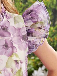 SHEIN Camisa De Organza Elegante De Patrón Floral Con Cuello De Encaje Francés Para Niñas Adolescentes Con Mangas Doble Capa Con Volantes Plisados