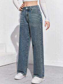 SHEIN Jeans Casuales De Pierna Recta Para Chicas Adolescentes - Azul lavado medio - Ver 5