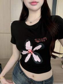 DAZY Women's Printed Minimalist Style T-Shirt - Black - View 3