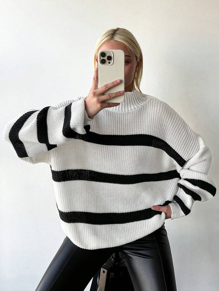 EURMUSE Women's Casual Striped Drop Shoulder Long Sleeve Turtleneck Sweater, Autumn/Winter - White - View 5