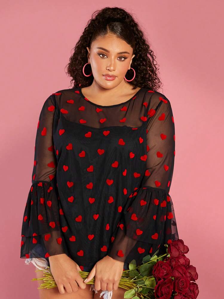 Plus Size Women's Love Mesh Top/Valentine's Day