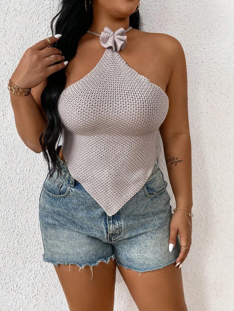 Plus Size Solid Color Backless Sleeveless Top With Asymmetrical Hem