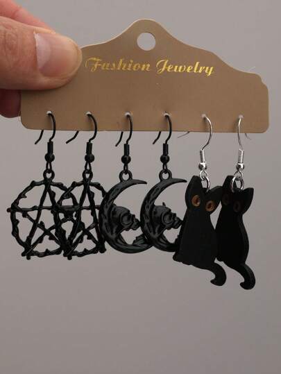 6pcs Vintage Gothic Style Dark Stars, Moon, Black Cat, Skeleton Ear Jewelry Set (Without Card), Halloween