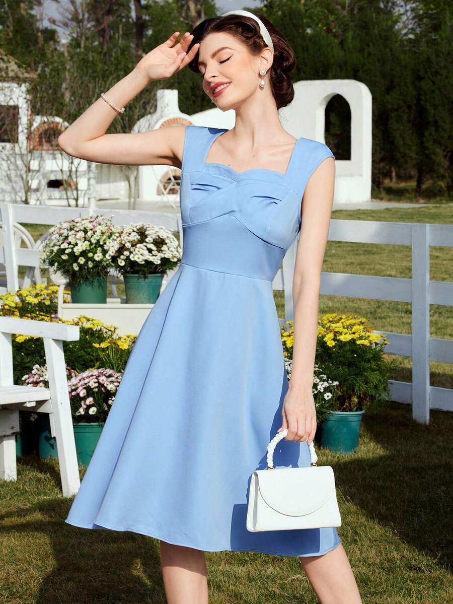 SHEIN DECDS 鄉村度假款春夏防曬遮陽傘形連衣裙夏季服裝 - 藍色 - 查看 1