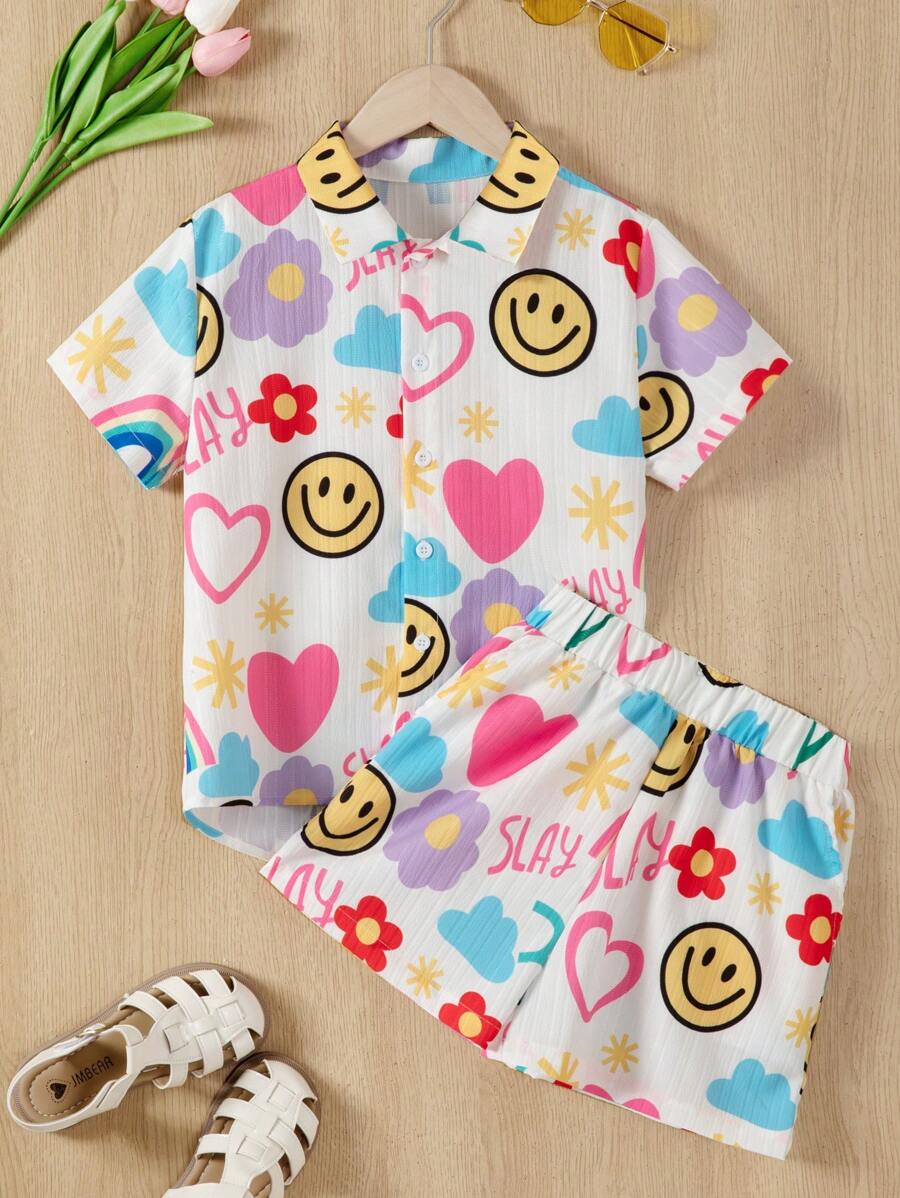 SHEIN 紋理面料心形和花卉印花襯衫和短褲 - 彩色 - 查看 1