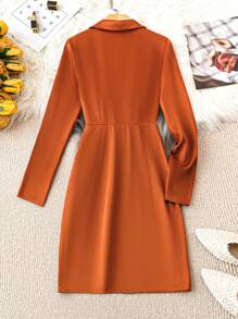 SHEIN Clasi Women's Solid Color Long Sleeve Wrap Overlap Dress - Orange - View 7