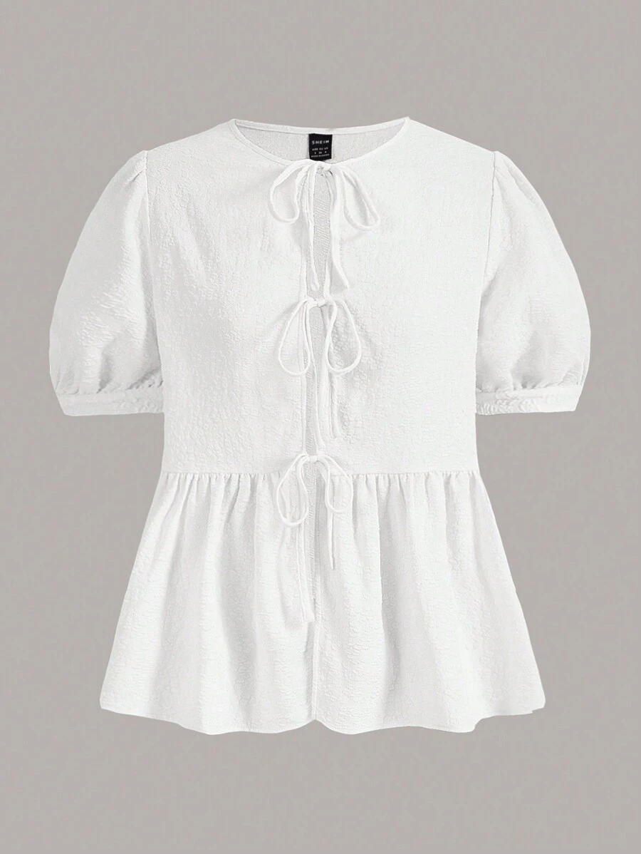 SHEINNeu Women's Solid Color Tie-Waist Shirt - White - View 1