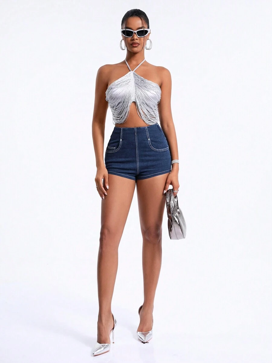SHEIN BAE Women's Slim Fit Denim Shorts With Slanted Pockets - Blue - View 1