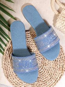 SHUZIA Women's Solid Color Rhinestone-Encrusted Flat Sandals