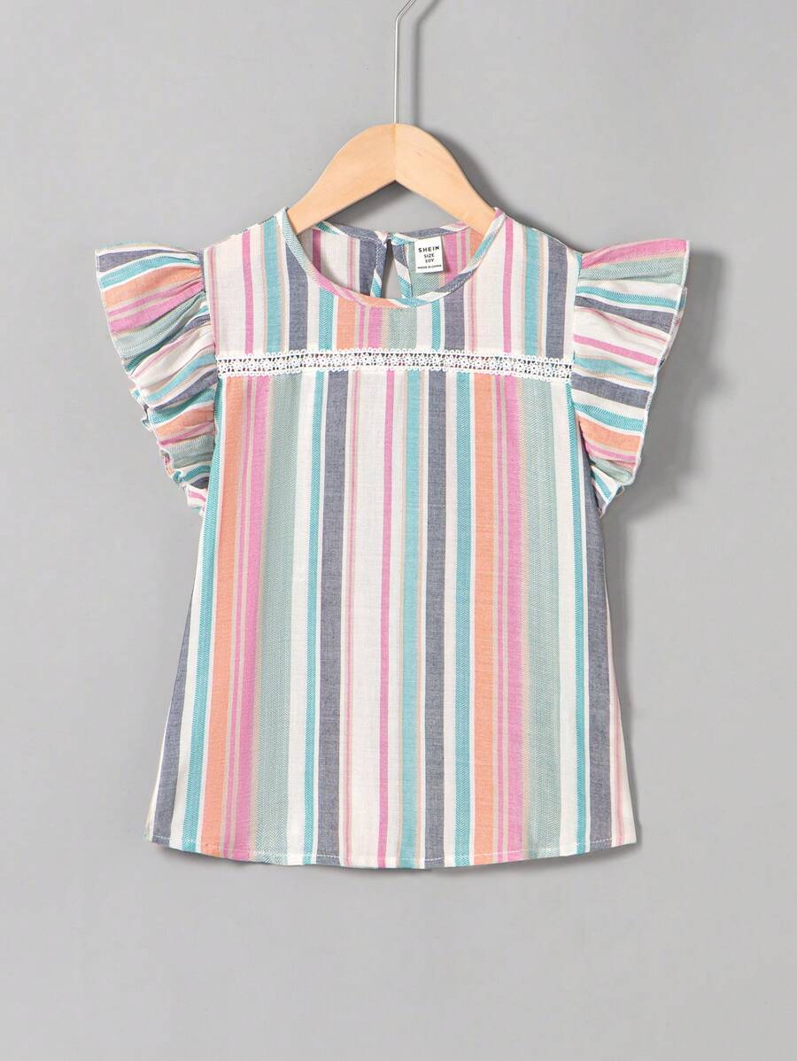 SHEIN Cô gái Tween Dệt Sọc Ngắn Tay áo hình bướm Lỏng lẻo Áo sơ mi - Màu xanh nhạt - Xem 1