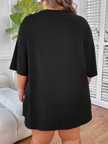 SHEIN CURVE+ 大尺碼女士純色圓領t恤 - 黑色 - 查看 2
