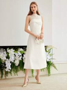 MOTF PREMIUM SOLID CONTRAST MESH FOLD PLEATED DRESS