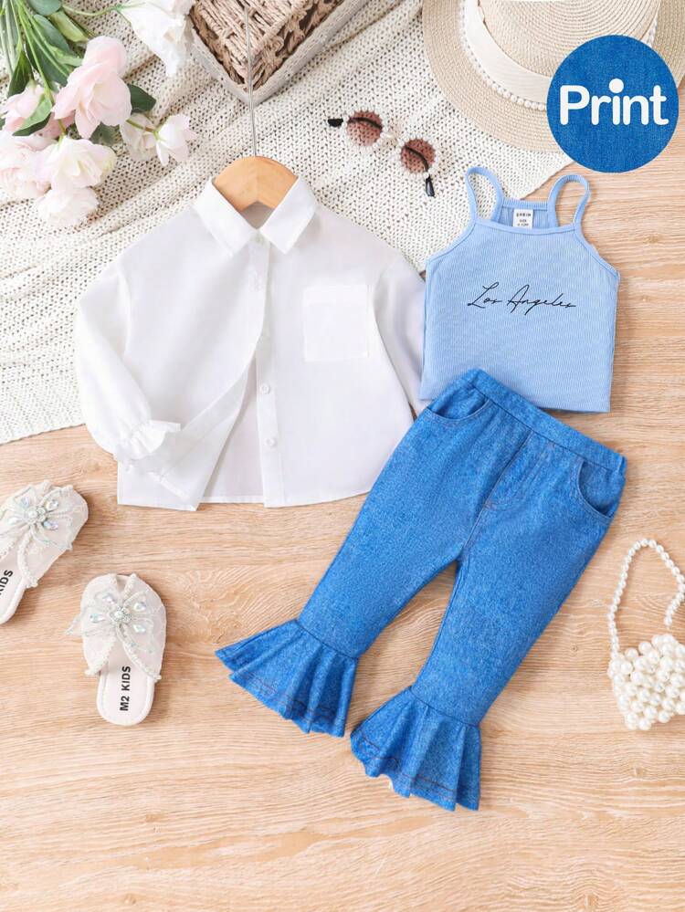 Baby Girl Casual 3pcs White Long Sleeve Shirt, Letter Floral Camisole, Denim Flared Pants Outfits