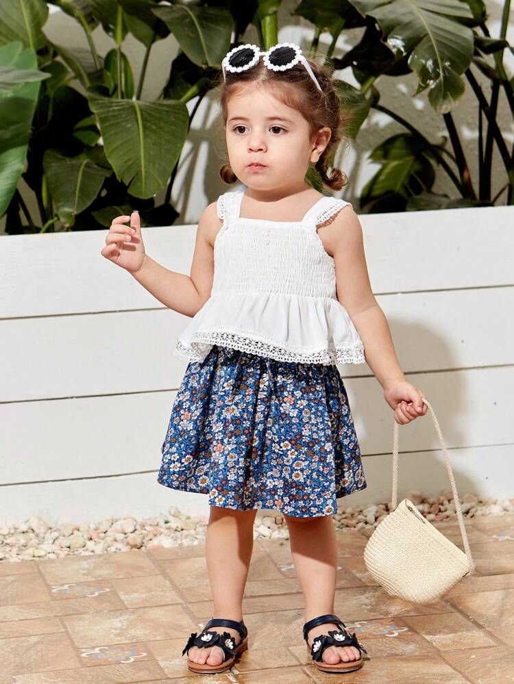 Baby Girl Summer Holiday White Ruffle Lace Tank Top & Floral Print Skirt Set