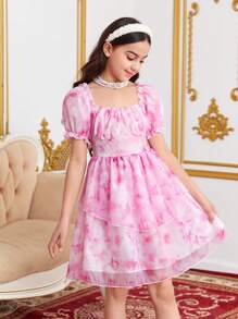 SHEIN Tween Girls' Tie Dye Print Short Puff Sleeve Butterfly Belted A-Line Dress - Pink - View 5