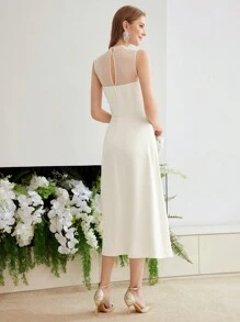 MOTF PREMIUM SOLID CONTRAST MESH FOLD PLEATED DRESS