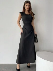 Firerie Solid Color A-Line Waist Cinched Long Dress Elegant Dress - Black - View 1