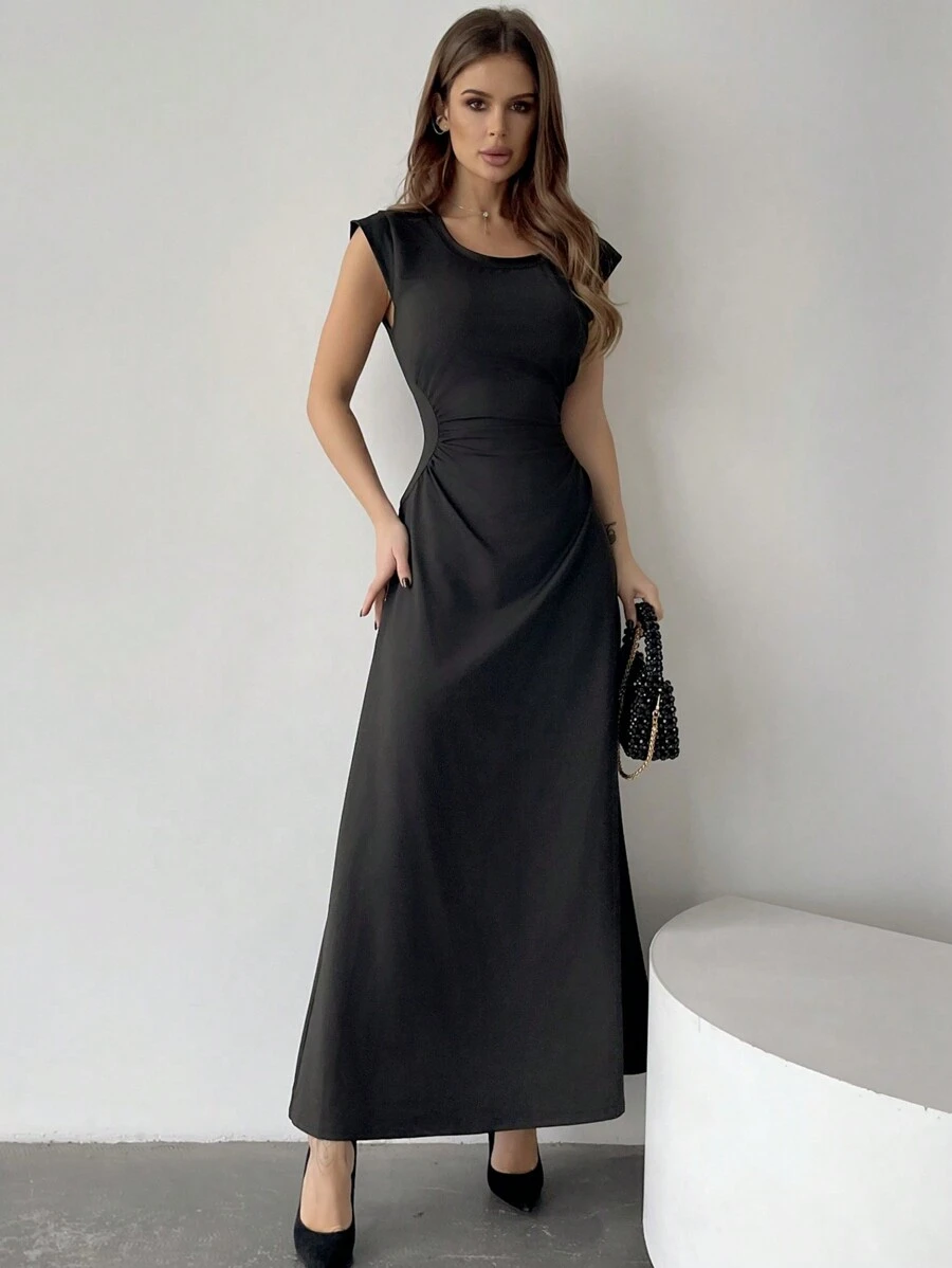 Firerie Solid Color A-Line Waist Cinched Long Dress Elegant Dress - Black - View 1