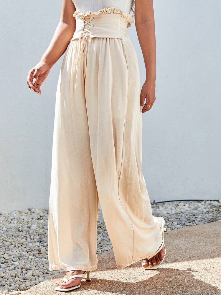 Lace Up Paperbag Waist Wide Leg Pants