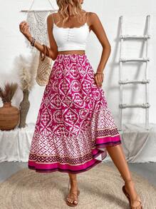 EMERY ROSE Falda con estampado floral de bloques de color y volantes para mujer, otoño para mujer - Rosa Fucsia - Ver 6