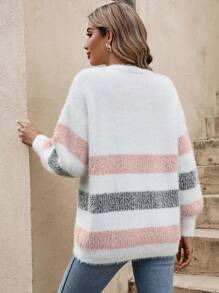 SHEIN Frenchy Striped Pattern Drop Shoulder Fuzzy Cardigan,Earthy,Airport - Pink - View 2