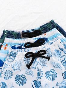 SHEIN Baby Boy's 3pcs/Set Cartoon & Stripe Pattern Elastic Waist Swim Trunks For Casual Holiday - Multicolor - View 5