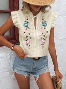 SHEIN LUNE Blusa De Cuello Con Lazo Y Volantes En Agujero Para Brazo, Bordado Con Flores