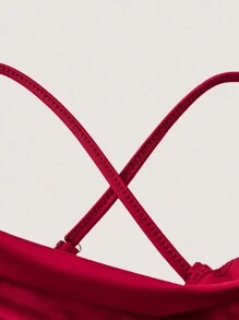 SHEIN Belle 勃艮第红色加大码女式褶饰鱼尾下摆吊带连衣裙 - 酒紅色 - 查看 3